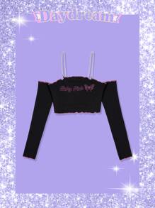 ROMWE Áo thun nữ Nghề thêu Xù nhỏ Gân đan Lá thư Loại bướm Gợi cảm - màu đen - Xem 5