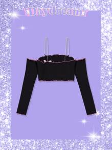 ROMWE Áo thun nữ Nghề thêu Xù nhỏ Gân đan Lá thư Loại bướm Gợi cảm - màu đen - Xem 6