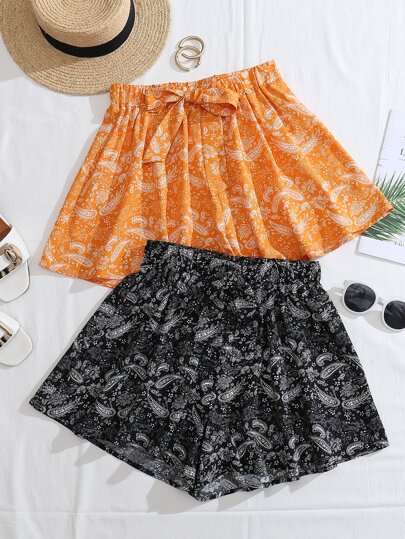 2pcs Paisley Print Bow Detail Shorts