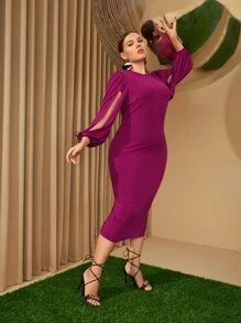 Modelyn Vestido ajustado unicolor de manga con abertura - Rosa Fucsia - Ver 8