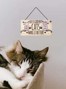 1pc Cat Print Wooden Wall Hanging - Multicolor - View 3