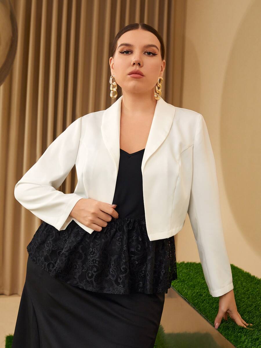 Mulvari Plus Shawl Collar Solid Crop Blazer - White - View 1