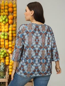 SHEIN LUNE Camiseta de cuello con cordón de manga raglán con estampado de rombo y cheurón - Multicolor - Ver 2