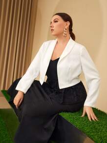 Mulvari Plus Shawl Collar Solid Crop Blazer - White - View 8