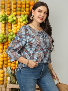 SHEIN LUNE Camiseta de cuello con cordón de manga raglán con estampado de rombo y cheurón - Multicolor - Ver 5