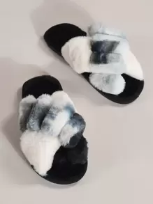 Fall/Winter Colorblock Criss Cross Home Slippers, Multicolor Fashionable Color Block Women's House Slippers,Fluffy Slippers - Multicolor - View 2