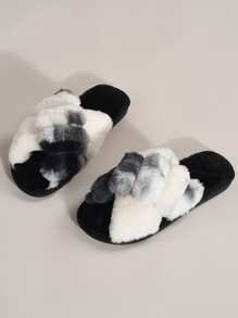 Fall/Winter Colorblock Criss Cross Home Slippers, Multicolor Fashionable Color Block Women's House Slippers,Fluffy Slippers - Multicolor - View 4