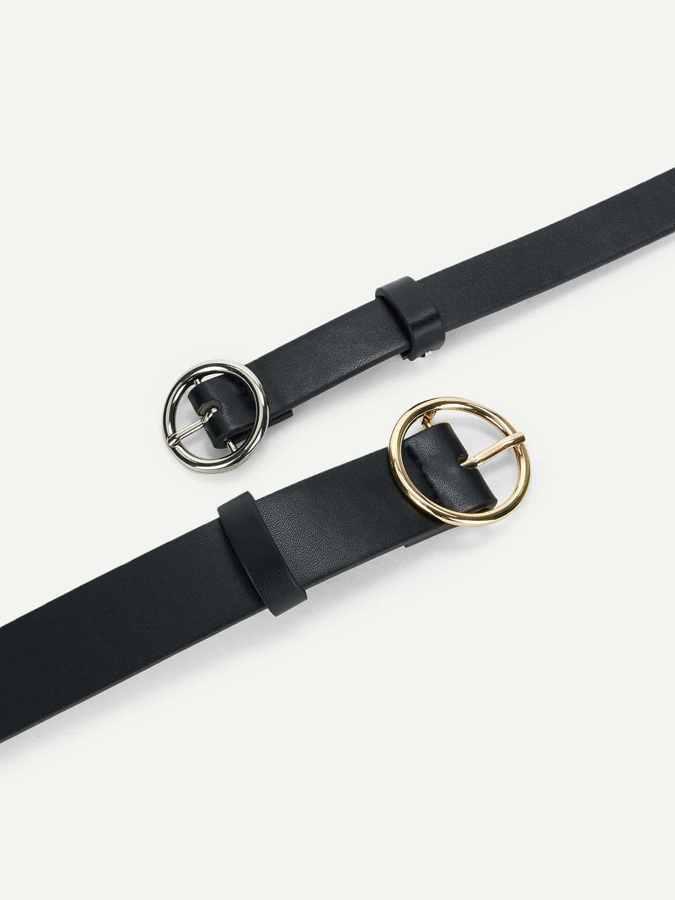 2pcs Women Round Buckle Fashion Belt For Daily Life With Hole Punch - Black - View 3