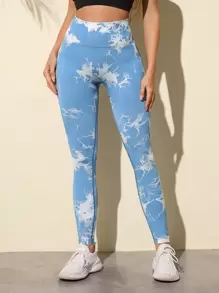 Easithlete Seamless Tie Dye Sports Leggings - Blue and White - View 2