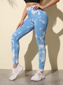 Easithlete Seamless Tie Dye Sports Leggings - Blue and White - View 5
