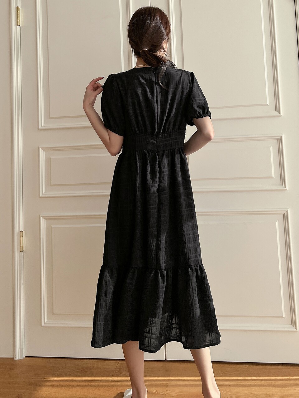 Solid Puff Sleeve Ruffle Hem A-line Dress