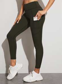 寬腰帶運動緊身褲帶手機口袋 - 軍綠色 - 查看 1