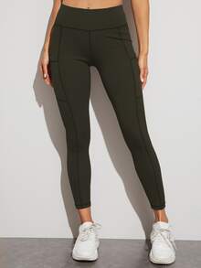 寬腰帶運動緊身褲帶手機口袋 - 軍綠色 - 查看 4