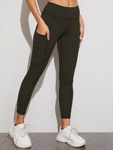 寬腰帶運動緊身褲帶手機口袋 - 軍綠色 - 查看 5