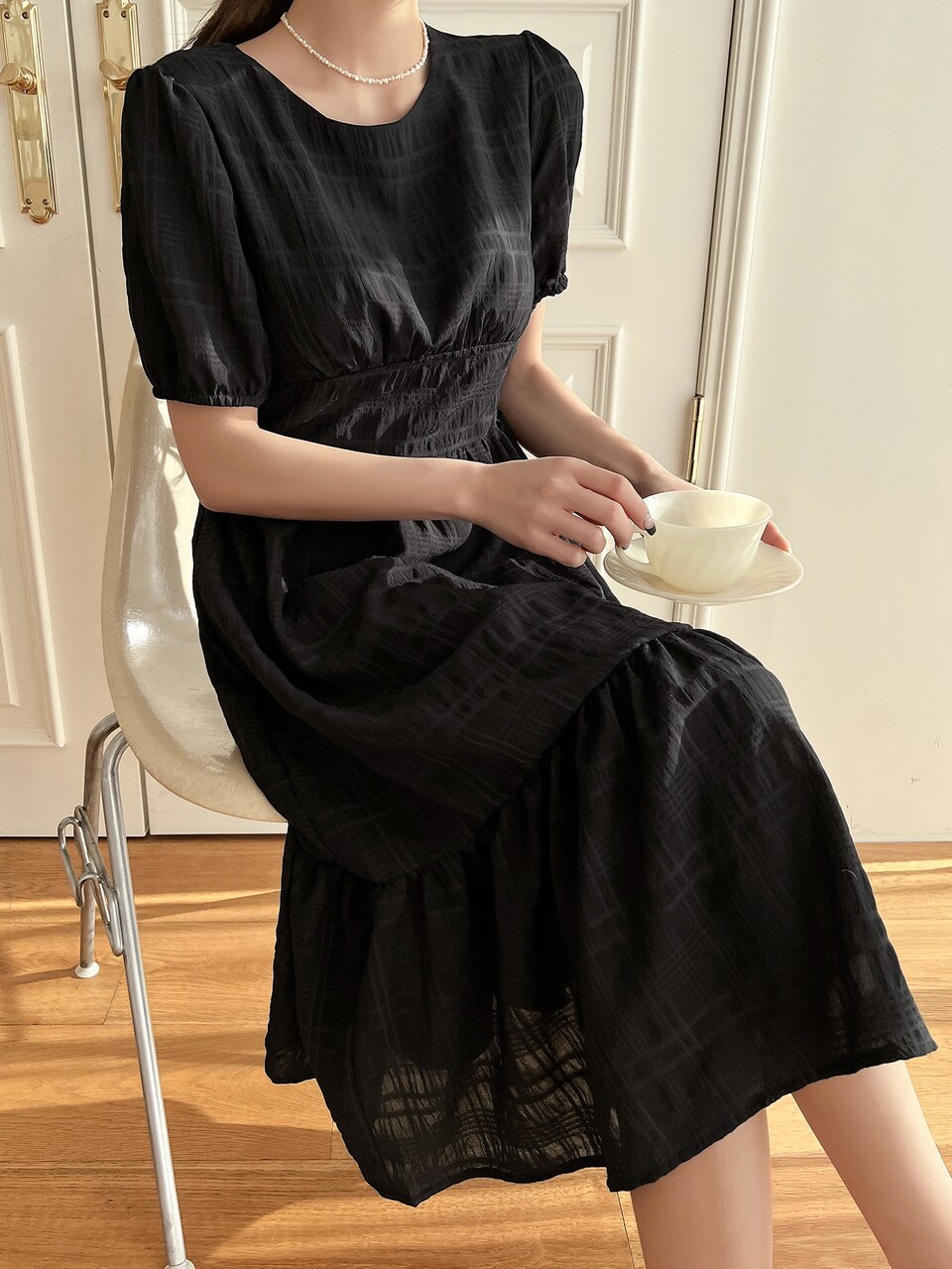 Solid Puff Sleeve Ruffle Hem A-line Dress