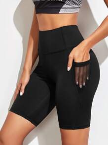 Shorts deportivos de malla en contraste con bolsillo - Negro - Ver 4