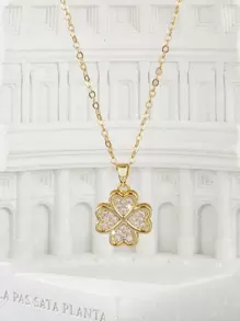 1pc Cute Gold Four Leaf Clover & Rhinestone Necklace - Yellow Gold - View 1