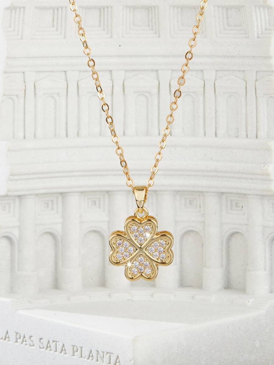 1pc Cute Gold Four Leaf Clover & Rhinestone Necklace - Yellow Gold - View 1
