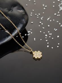 1pc Cute Gold Four Leaf Clover & Rhinestone Necklace - Yellow Gold - View 2