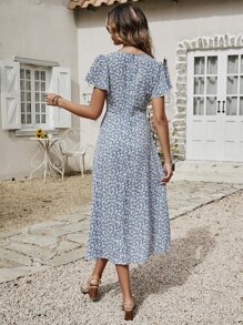 Ditsy Floral Flounce Sleeve Dress - Blue and White - View 2