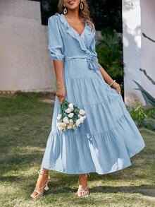 Simplee Ruffle Trim Split Thigh Dress - Baby Blue - View 7