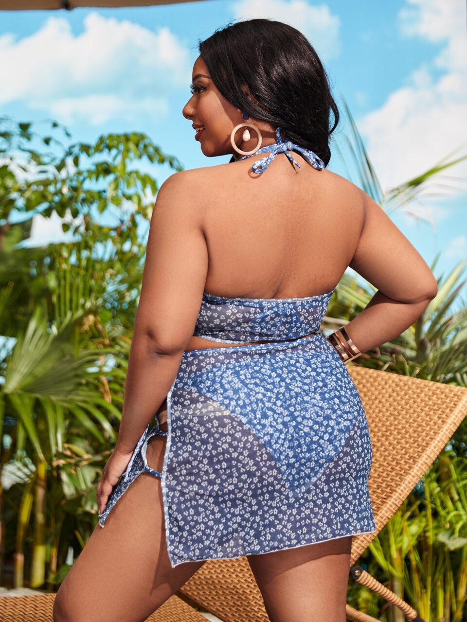 Plus Size Ditsy Floral Halter Triangle Bikini Set With Cover Up Set Summer Beach
