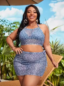 SHEIN Swim Curve Ensemble De Bikini Triangle Licou Floral Petite Taille De Grande Taille Avec Ensemble De cache-maillot Plage Dété