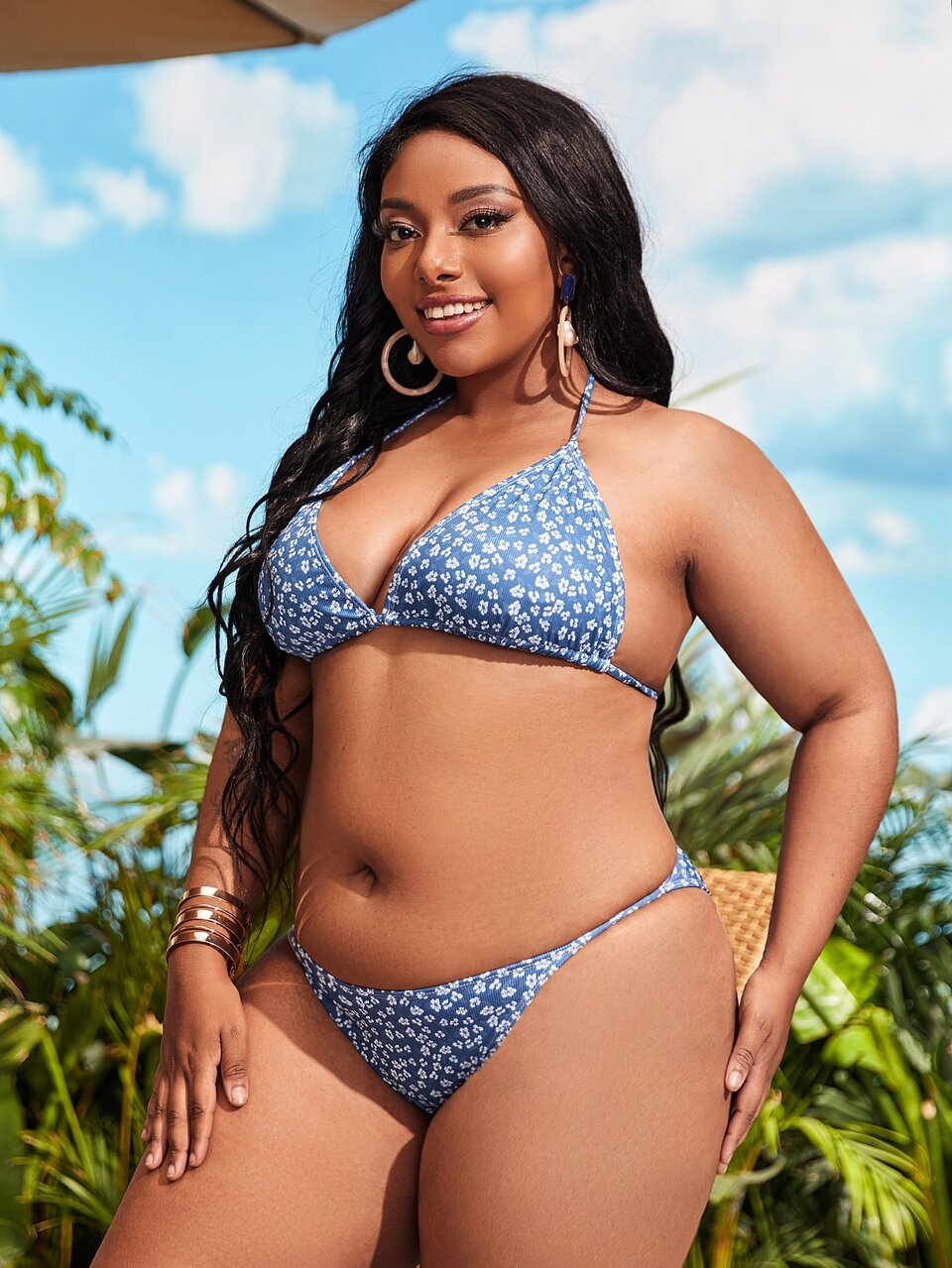 Plus Size Ditsy Floral Halter Triangle Bikini Set With Cover Up Set Summer Beach