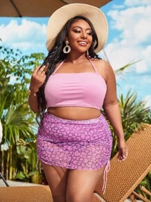 Plus Size Bow Pattern High Waisted Bikini Set With Beach Skirt Summer Beach - Pink - View 1