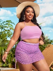 Plus Size Bow Pattern High Waisted Bikini Set With Beach Skirt Summer Beach - Pink - View 3