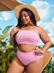 Plus Size Bow Pattern High Waisted Bikini Set With Beach Skirt Summer Beach - Pink - View 4