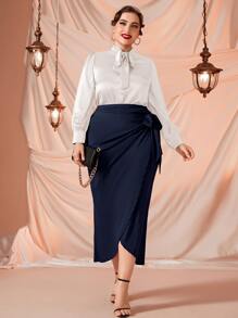 Modelyn Plus Tie Side Wrap Skirt - Navy Blue - View 3