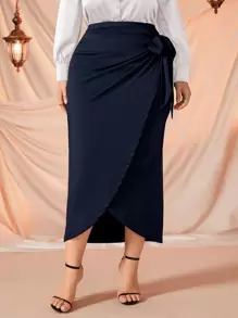Modelyn Plus Tie Side Wrap Skirt - Navy Blue - View 4