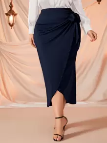 Modelyn Plus Tie Side Wrap Skirt - Navy Blue - View 5