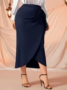 Modelyn Plus Tie Side Wrap Skirt - Navy Blue - View 6