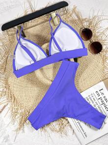 Bikini de triángulo de cintura alta de color sólido, para vacaciones de verano en la playa - Azul - Ver 2