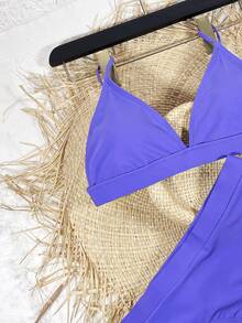 Bikini de triángulo de cintura alta de color sólido, para vacaciones de verano en la playa - Azul - Ver 3