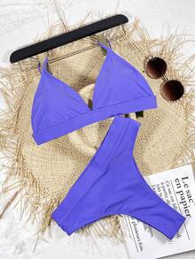 Bikini de triángulo de cintura alta de color sólido, para vacaciones de verano en la playa - Azul - Ver 4