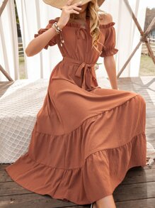 Solid Belted Tie Front Frill Trim Ruffle Hem Dress - Burnt Orange - View 1