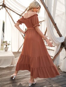 Solid Belted Tie Front Frill Trim Ruffle Hem Dress - Burnt Orange - View 2
