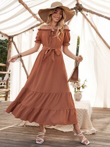 Solid Belted Tie Front Frill Trim Ruffle Hem Dress - Burnt Orange - View 3