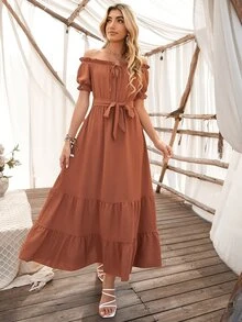 Solid Belted Tie Front Frill Trim Ruffle Hem Dress - Burnt Orange - View 4