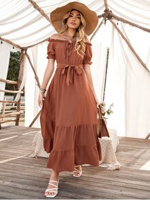 Solid Belted Tie Front Frill Trim Ruffle Hem Dress - Burnt Orange - View 5