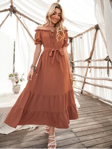 Solid Belted Tie Front Frill Trim Ruffle Hem Dress - Burnt Orange - View 6