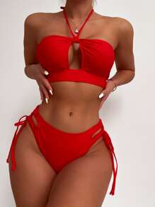 Solid Bikini Set Halter Bra & Tie Side Cut Out Bottom 2 Piece Bathing Suit, For Summer Beach Vacation - Red - View 1