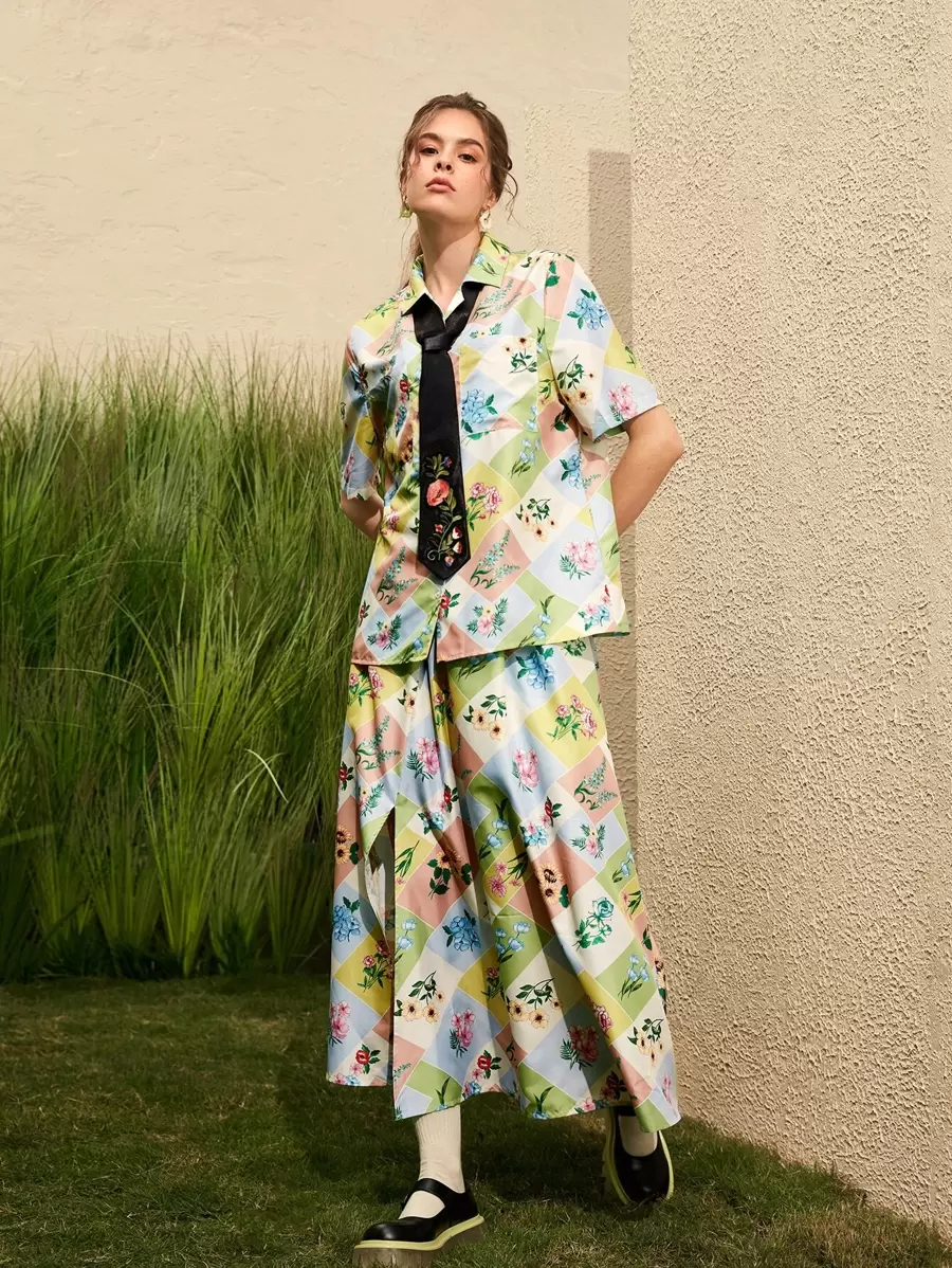 Seusyu Floral Patchwork Patch Pocket Shirt Without Tie & Skirt - Multicolor - View 1