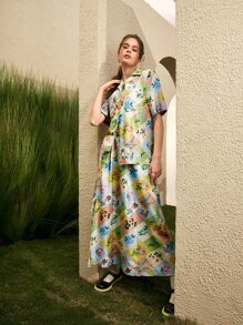 Seusyu Floral Patchwork Patch Pocket Shirt Without Tie & Skirt - Multicolor - View 3