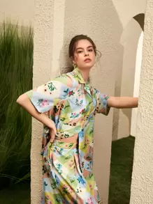 Seusyu Floral Patchwork Patch Pocket Shirt Without Tie & Skirt - Multicolor - View 4