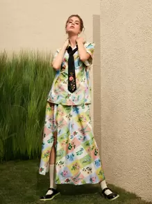 Seusyu Floral Patchwork Patch Pocket Shirt Without Tie & Skirt - Multicolor - View 5