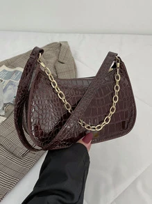 Stylish Crocodile Embossed Chain Underarm Shoulder Bag - Coffee Brown - View 1